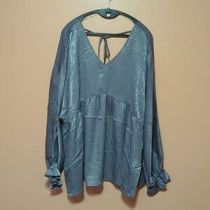 Andree by Unit Metal Shimmer Long Sleeve Baby Doll Blouse S (oversized XL) NWT